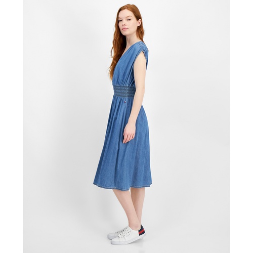 타미힐피거 Womens V-Neck Smocked-Waist Fit & Flare Dress