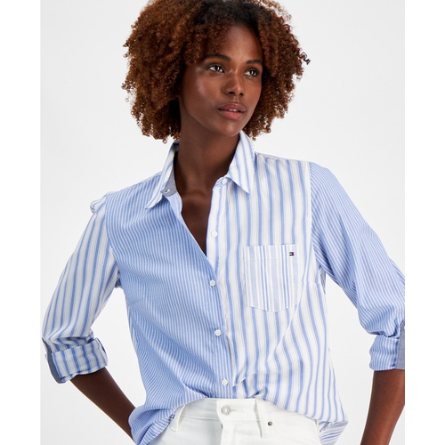 타미힐피거 Womens Blanket Stripe Roll-Tab Shirt