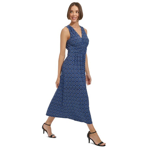 타미힐피거 Womens Printed V-Neck Midi Dress