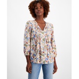 Womens Floral-Print Pintucked Peasant Blouse