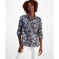 Womens Cotton Floral-Print Roll-Tab Shirt