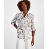 Womens Cotton Floral-Print Roll-Tab Shirt