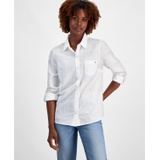 Womens Cotton Tonal-Plaid Roll-Tab Shirt