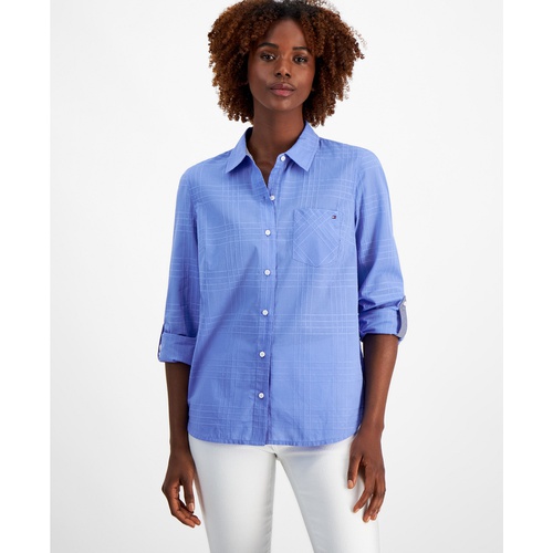 타미힐피거 Womens Cotton Tonal-Plaid Roll-Tab Shirt