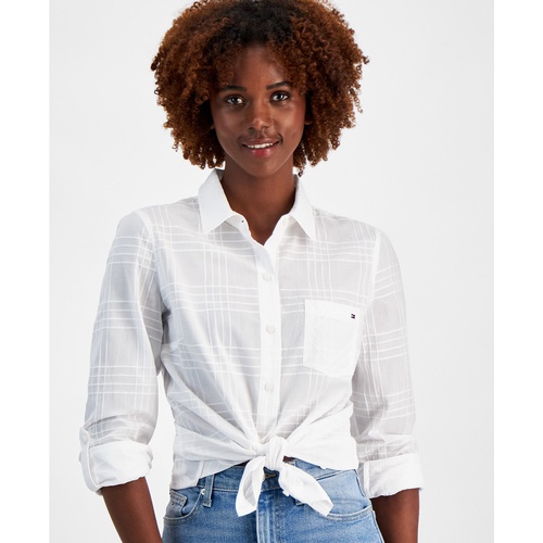 타미힐피거 Womens Cotton Tonal-Plaid Roll-Tab Shirt