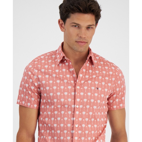타미힐피거 Mens Slim-Fit Short Sleeve Button-Front Palm Print Shirt