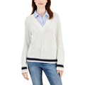 Womens Cable-Knit Contrast-Trim V-Neck Sweater