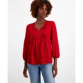 Womens Diamond-Dot Pintucked Peasant Blouse