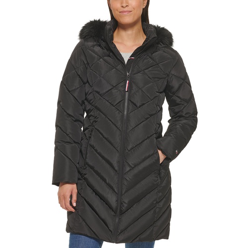 타미힐피거 Womens Faux-Fur-Trim Hooded Puffer Coat