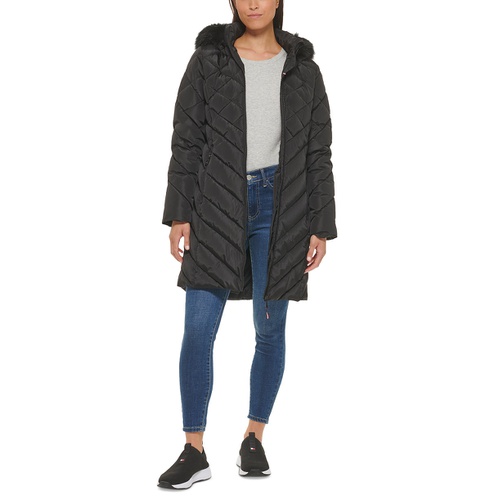 타미힐피거 Womens Faux-Fur-Trim Hooded Puffer Coat