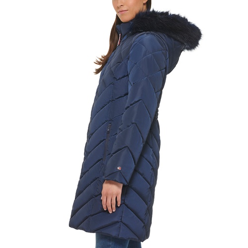 타미힐피거 Womens Faux-Fur-Trim Hooded Puffer Coat