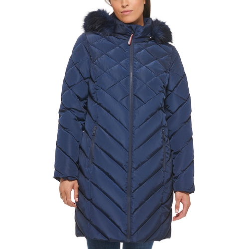 타미힐피거 Womens Faux-Fur-Trim Hooded Puffer Coat