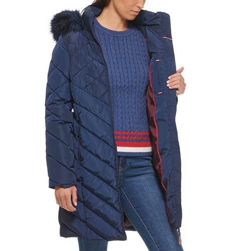 타미힐피거 Womens Faux-Fur-Trim Hooded Puffer Coat