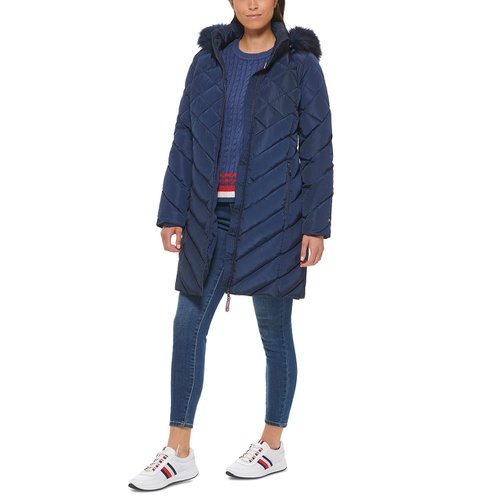 타미힐피거 Womens Faux-Fur-Trim Hooded Puffer Coat