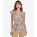 Womens Paisley-Print Smocked Peplum Blouse