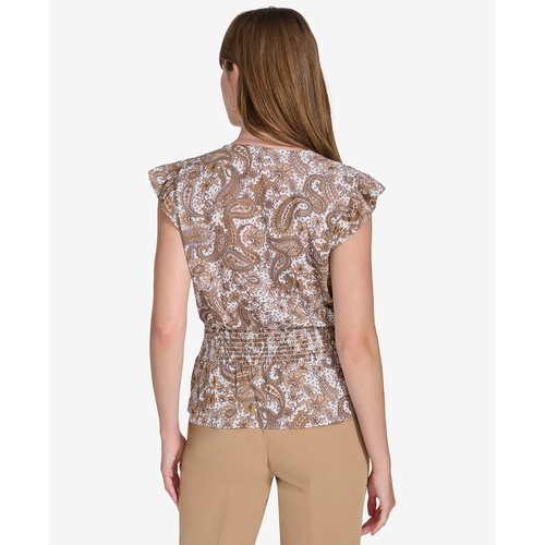 타미힐피거 Womens Paisley-Print Smocked Peplum Blouse