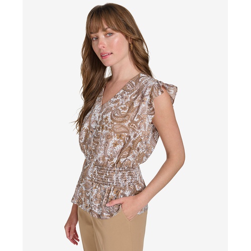 타미힐피거 Womens Paisley-Print Smocked Peplum Blouse