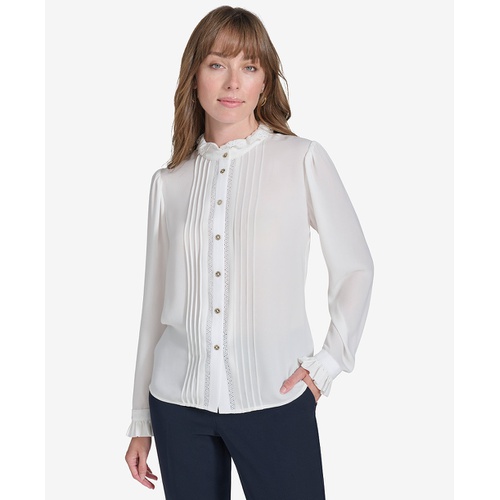 타미힐피거 Womens Lace-Trim Ruffled Blouse