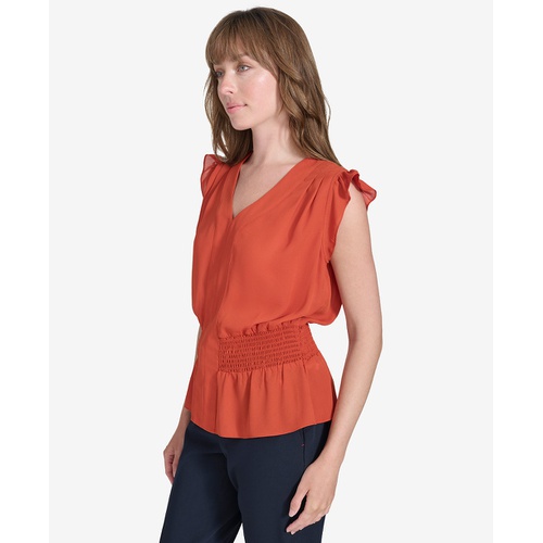 타미힐피거 Womens Smocked Peplum Blouse