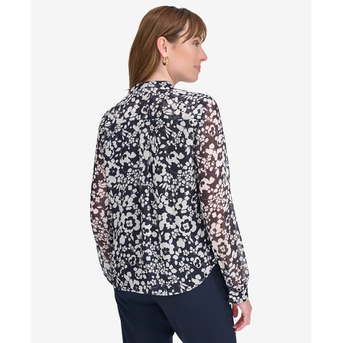 타미힐피거 Womens Ruffled Floral Print Split-Neck Top