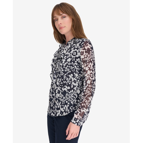 타미힐피거 Womens Ruffled Floral Print Split-Neck Top