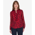 Womens Ruffled Floral Print Split-Neck Top