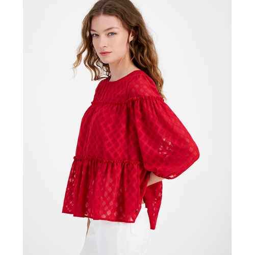 타미힐피거 Womens Lattice Clip-Dot Balloon-Sleeve Blouse