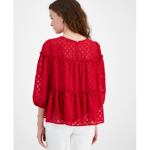 타미힐피거 Womens Lattice Clip-Dot Balloon-Sleeve Blouse