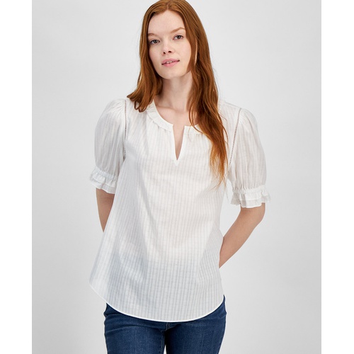 타미힐피거 Womens Cotton Tonal-Stripe Puff-Sleeve Blouse