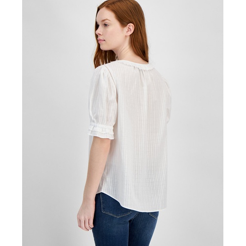 타미힐피거 Womens Cotton Tonal-Stripe Puff-Sleeve Blouse