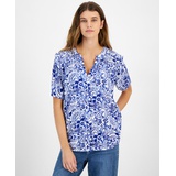 Womens Printed Smocked-Shoulder Short-Sleeve Top