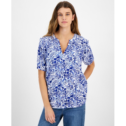 타미힐피거 Womens Printed Smocked-Shoulder Short-Sleeve Top