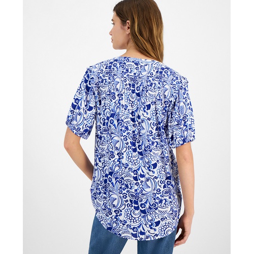 타미힐피거 Womens Printed Smocked-Shoulder Short-Sleeve Top