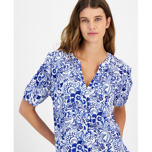 타미힐피거 Womens Printed Smocked-Shoulder Short-Sleeve Top