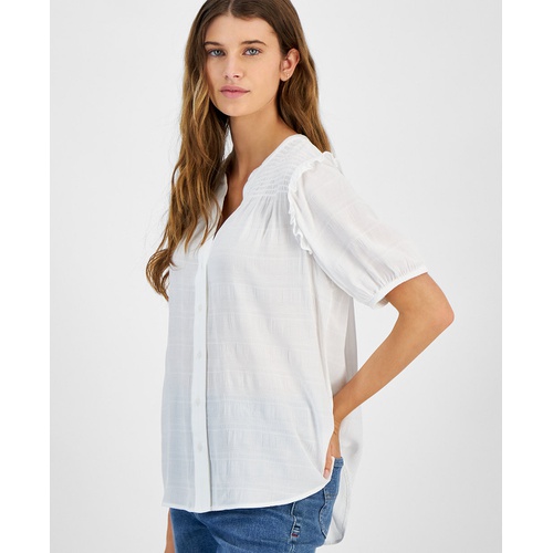 타미힐피거 Womens Smocked Textured Blouse