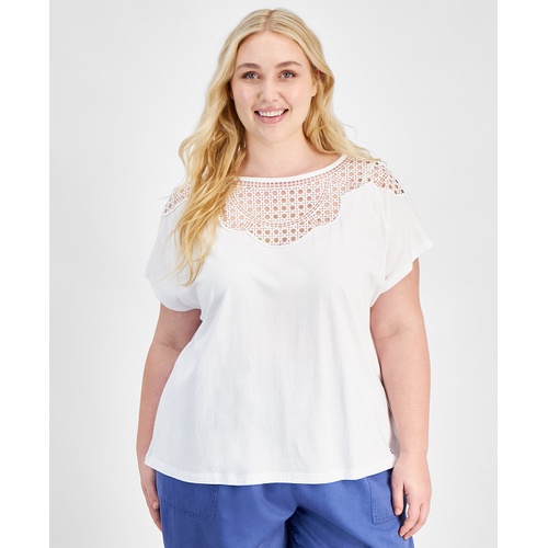 타미힐피거 Plus Size Lace-Bib Extended-Sleeve Top