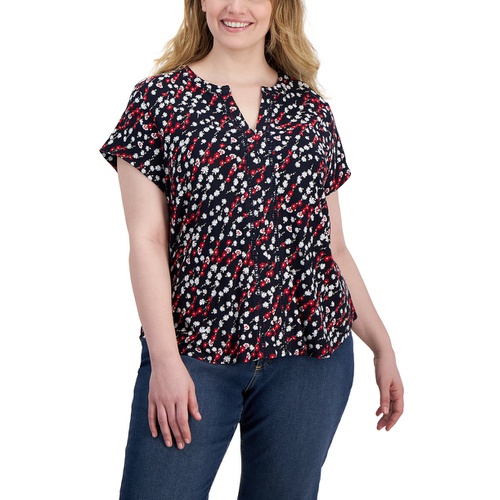 타미힐피거 Plus Size Ditsy Floral Cap-Sleeve Top