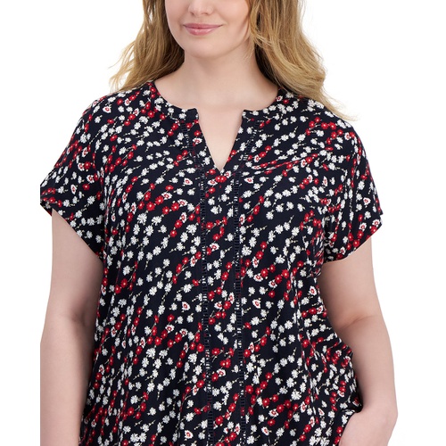 타미힐피거 Plus Size Ditsy Floral Cap-Sleeve Top