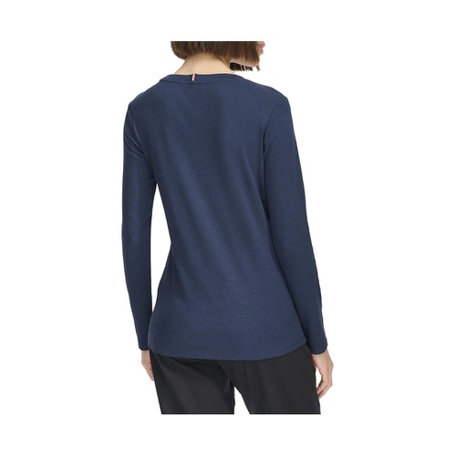 타미힐피거 Womens Cotton Blend Ribbed Long Sleeve T-Shirt