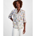 Womens Cotton Floral-Print Roll-Tab Shirt