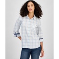 Womens Pebble Plaid Roll-Tab Cotton Shirt