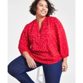 Plus Size Dot Print Pintuck 3/4-Sleeve Top