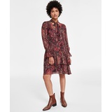 Womens Paisley Tie-Neck Tiered Dress