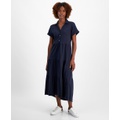 Womens Cotton Collared Tiered Maxi Dress