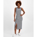 Womens Striped Ribbed Slit Midi Dress