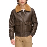 Mens Faux-Fur-Trim Faux-Leather Bomber Jacket