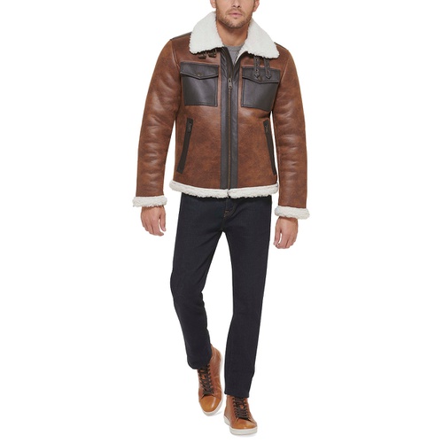 타미힐피거 Mens Faux Leather Shortie Rancher Jacket with Fleece Accents