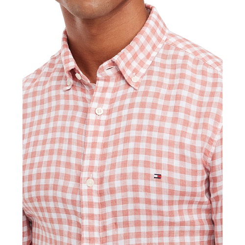 타미힐피거 Mens Slim-Fit Gingham Check Button-Down Linen Shirt