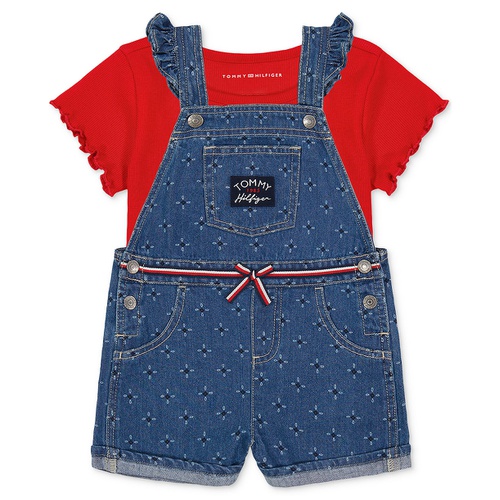 타미힐피거 Baby Girls 2-Pc. Ribbed-Knit Logo Graphic T-Shirt & Printed Denim Shortalls Set