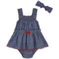 Baby Girls Cotton Pom-Pom-Trim Printed Chambray Sunsuit & Headband 2 Piece Set